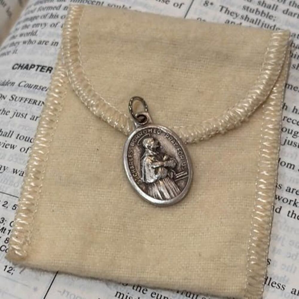 Vintage St Charles Borromeo Medal Patron Saint of Students Italy Pendant Charm